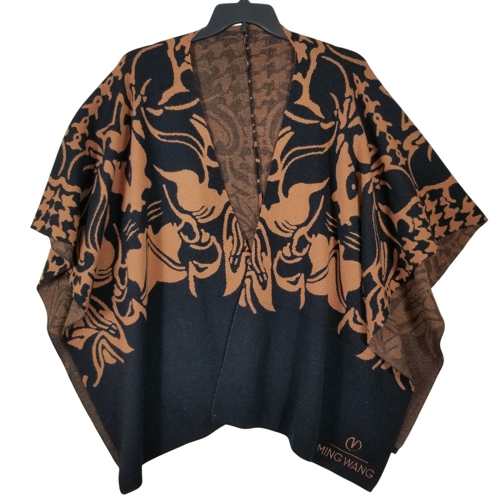 Ming Wang Wrap Poncho Black Cognac Brown Abstract Floral Houndstooth One Size